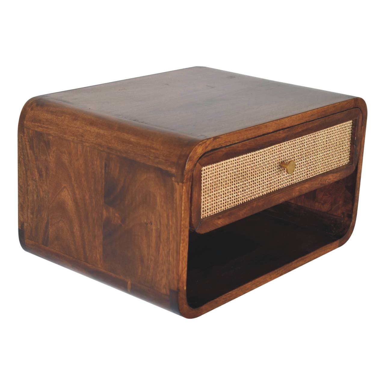 Chestnut woven bedside table top surface view