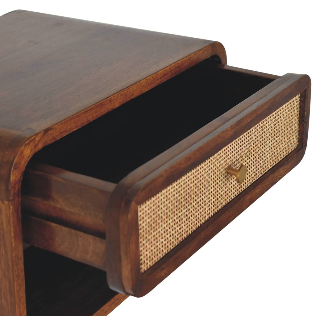 Chestnut open woven bedside angled view showing storage slot