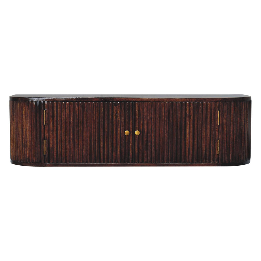 Chunky chestnut wall-mounted console table solid wood with slatted facade – front view