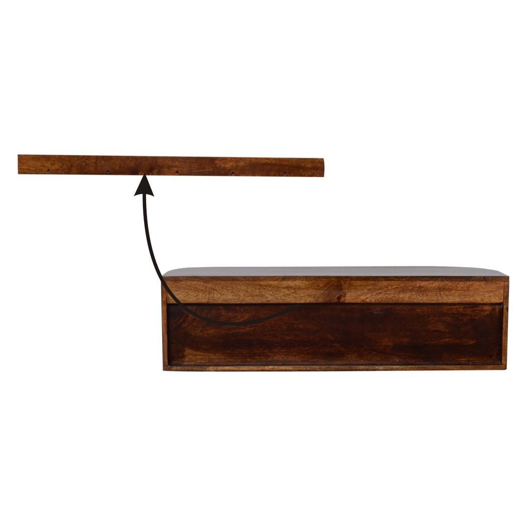 Chunky chestnut wall console full room context view