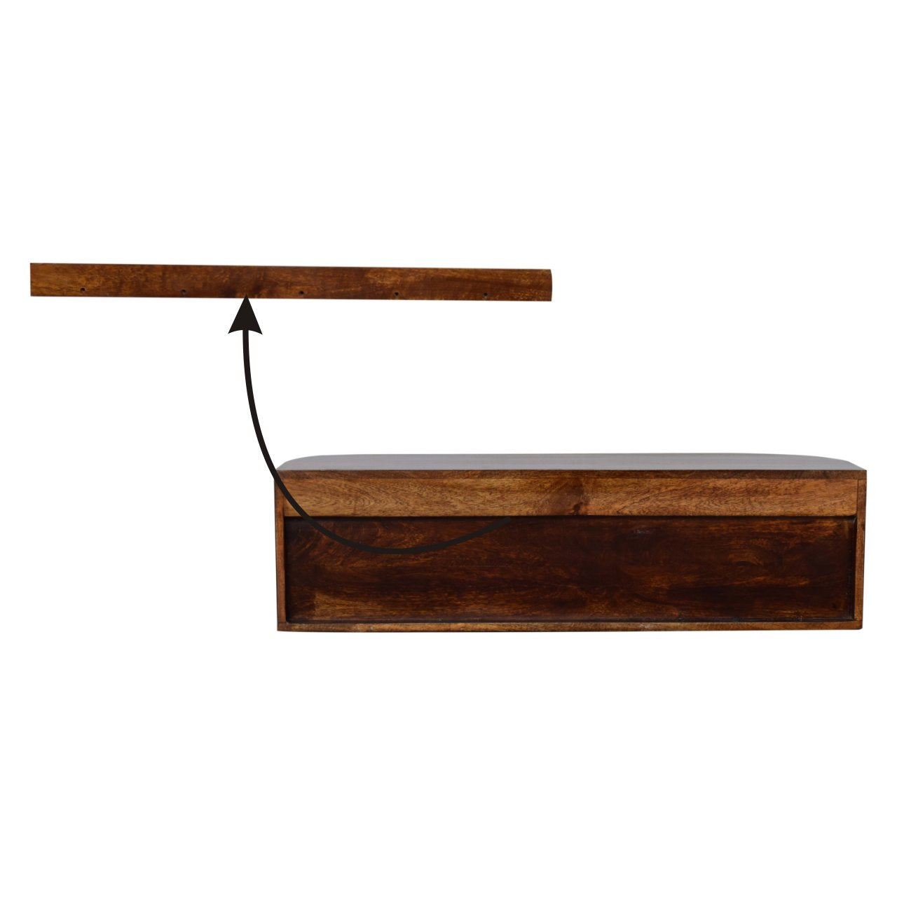 Chunky chestnut wall console full room context view