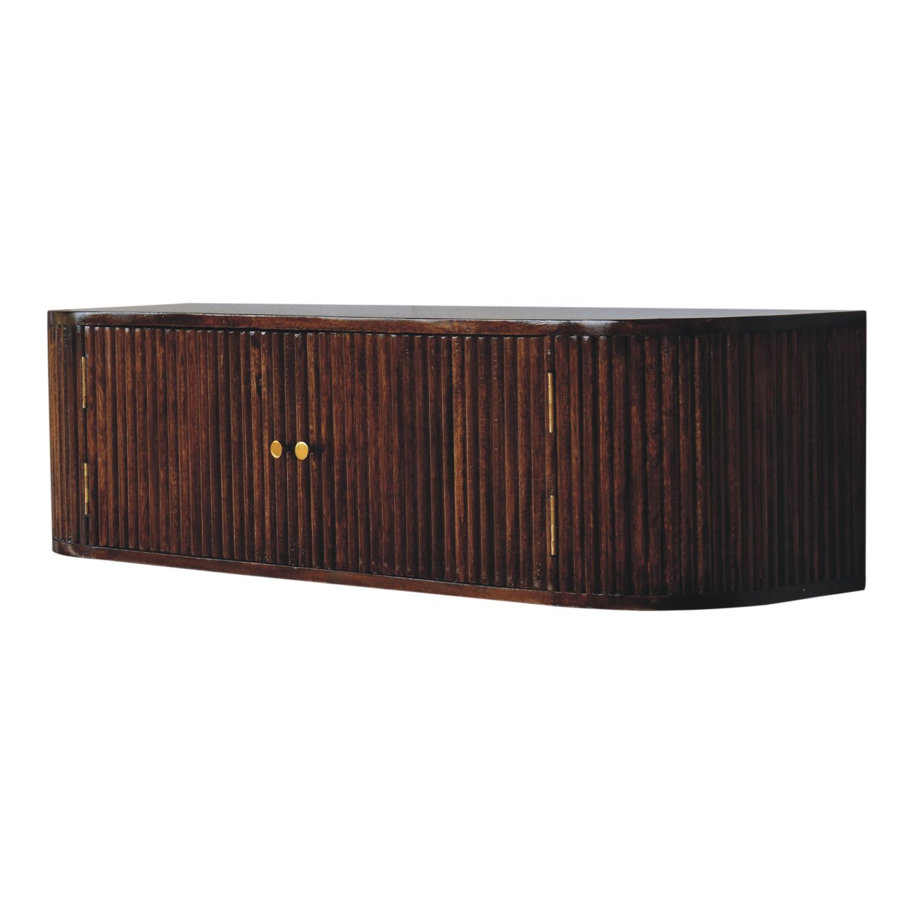 Chunky chestnut console table side view showing curved edges