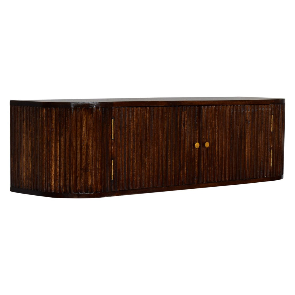 Chunky chestnut wall console close-up of slatted front detail