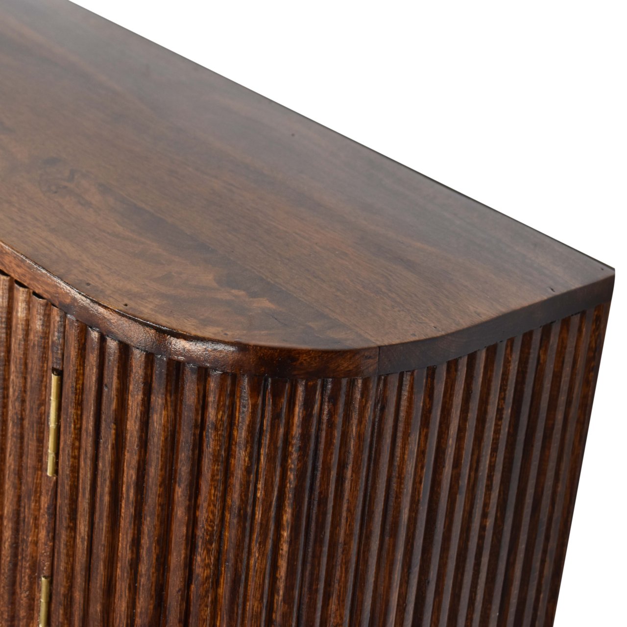 Chunky chestnut wall console top surface with brass knob detail