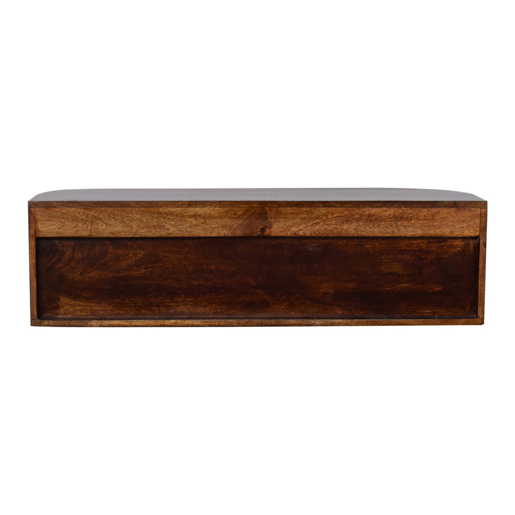 Chunky chestnut console lifestyle bedroom or media use setting
