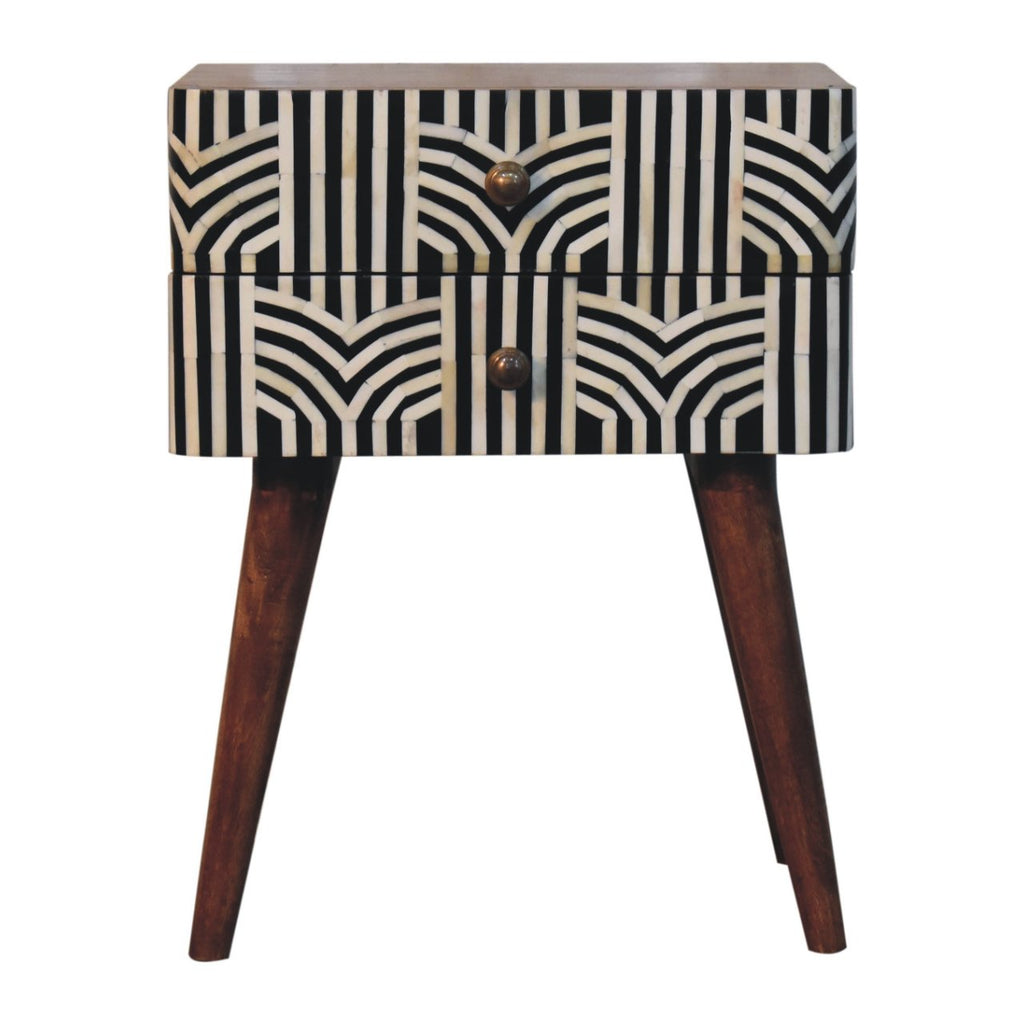 Boho inlay bedside side view showing Nordic legs