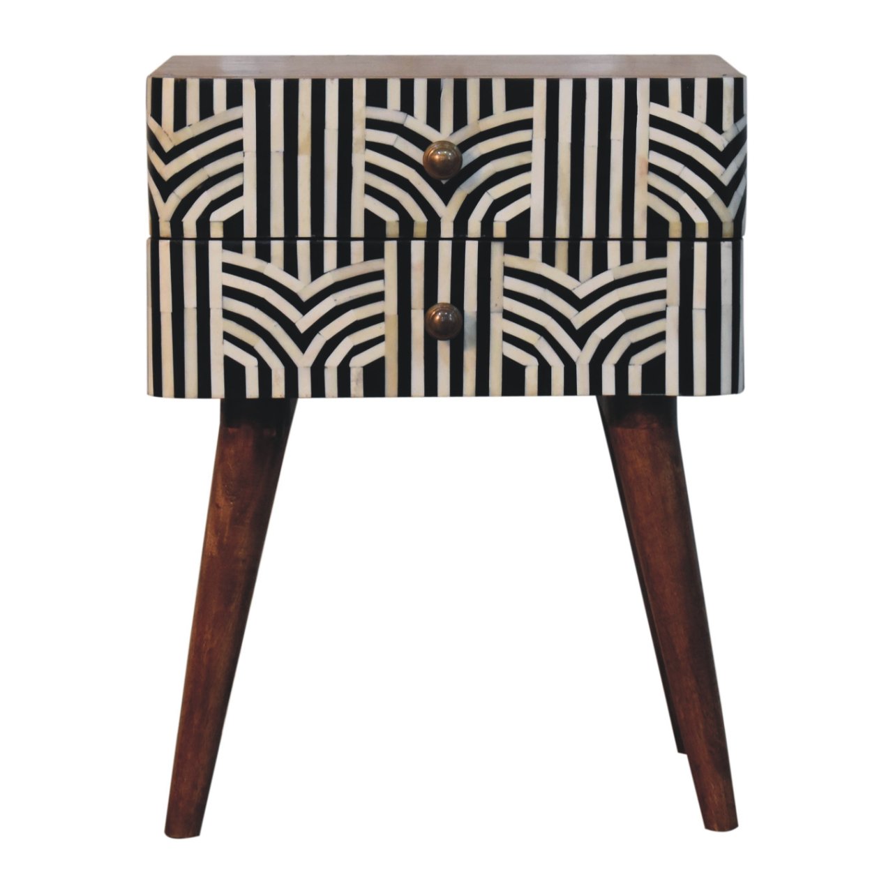 Boho inlay bedside side view showing Nordic legs