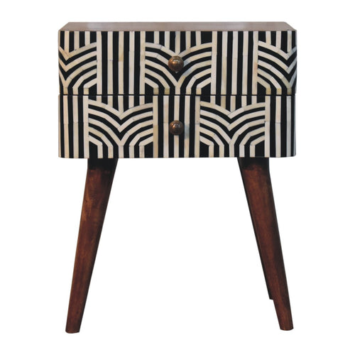 Boho inlay bedside side view showing Nordic legs