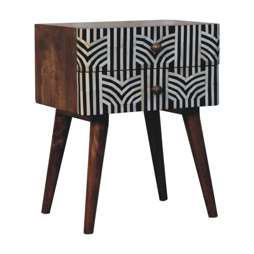 Boho honey caramel bedside close-up of geometric inlay pattern