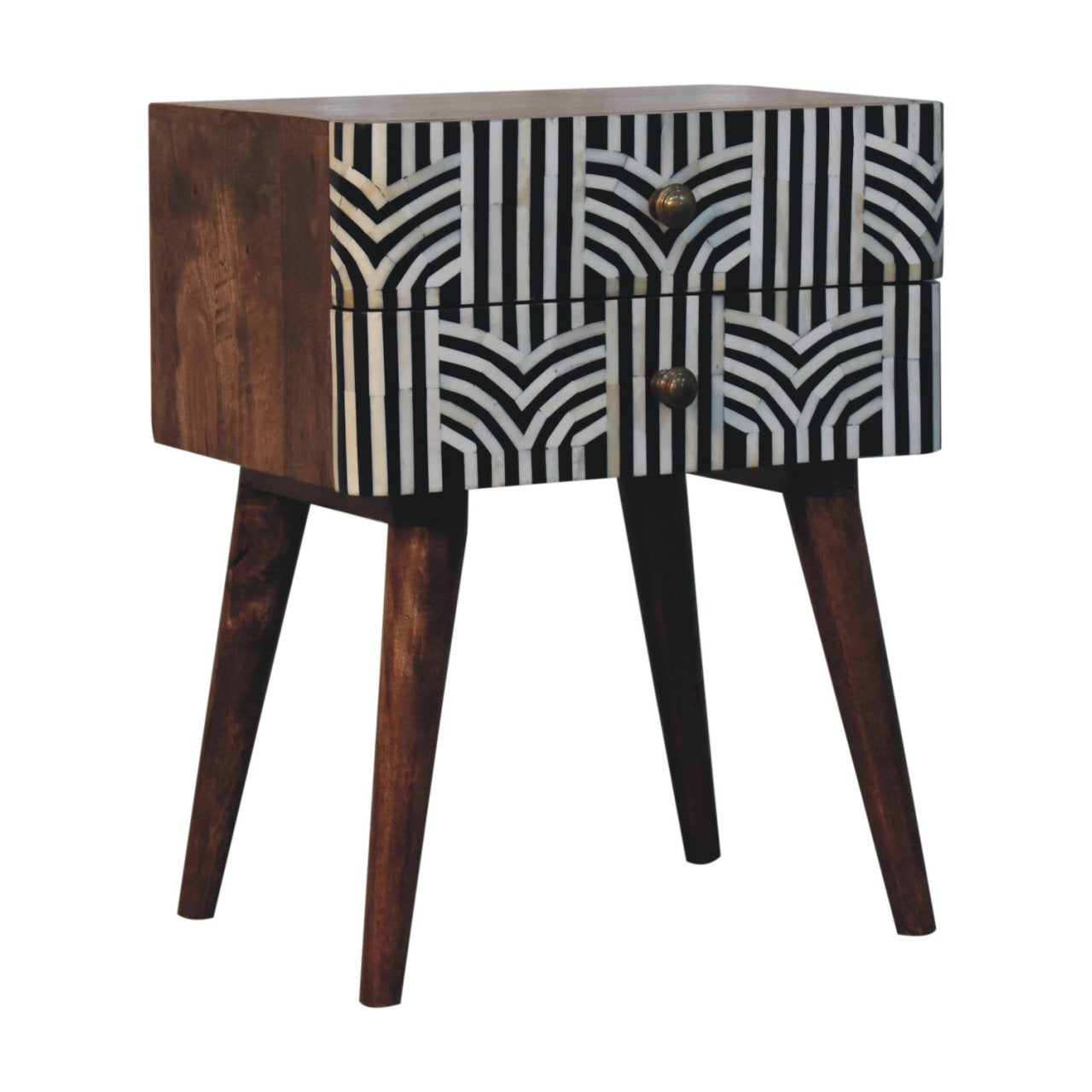 Boho honey caramel bedside close-up of geometric inlay pattern