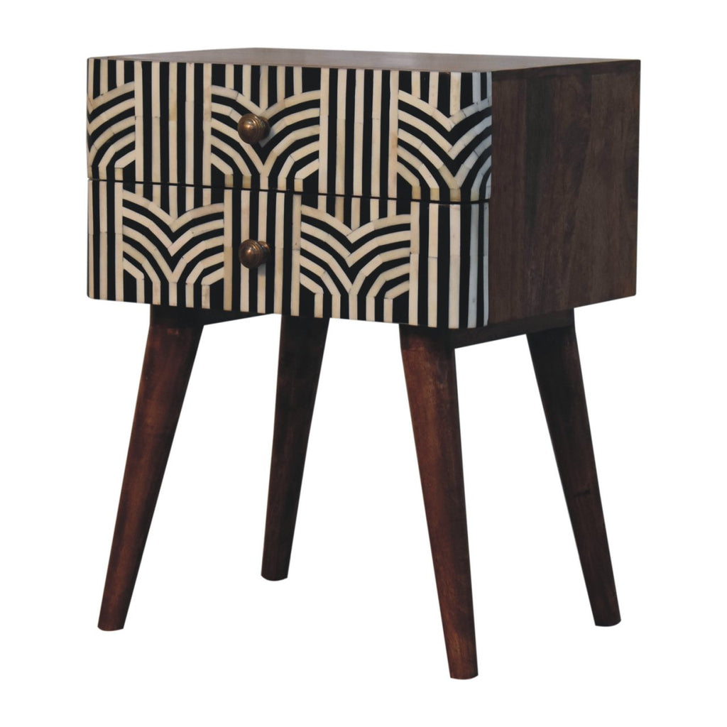 Boho inlay bedside in bedroom interior setting