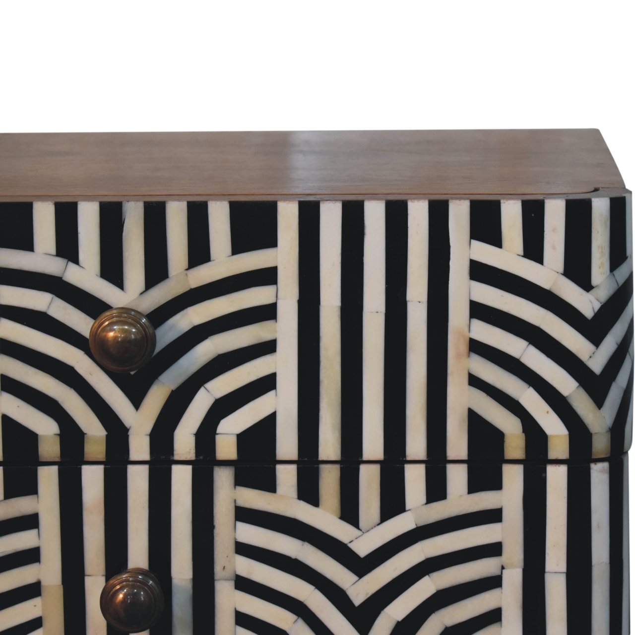 Boho honey caramel bedside drawer open showing storage