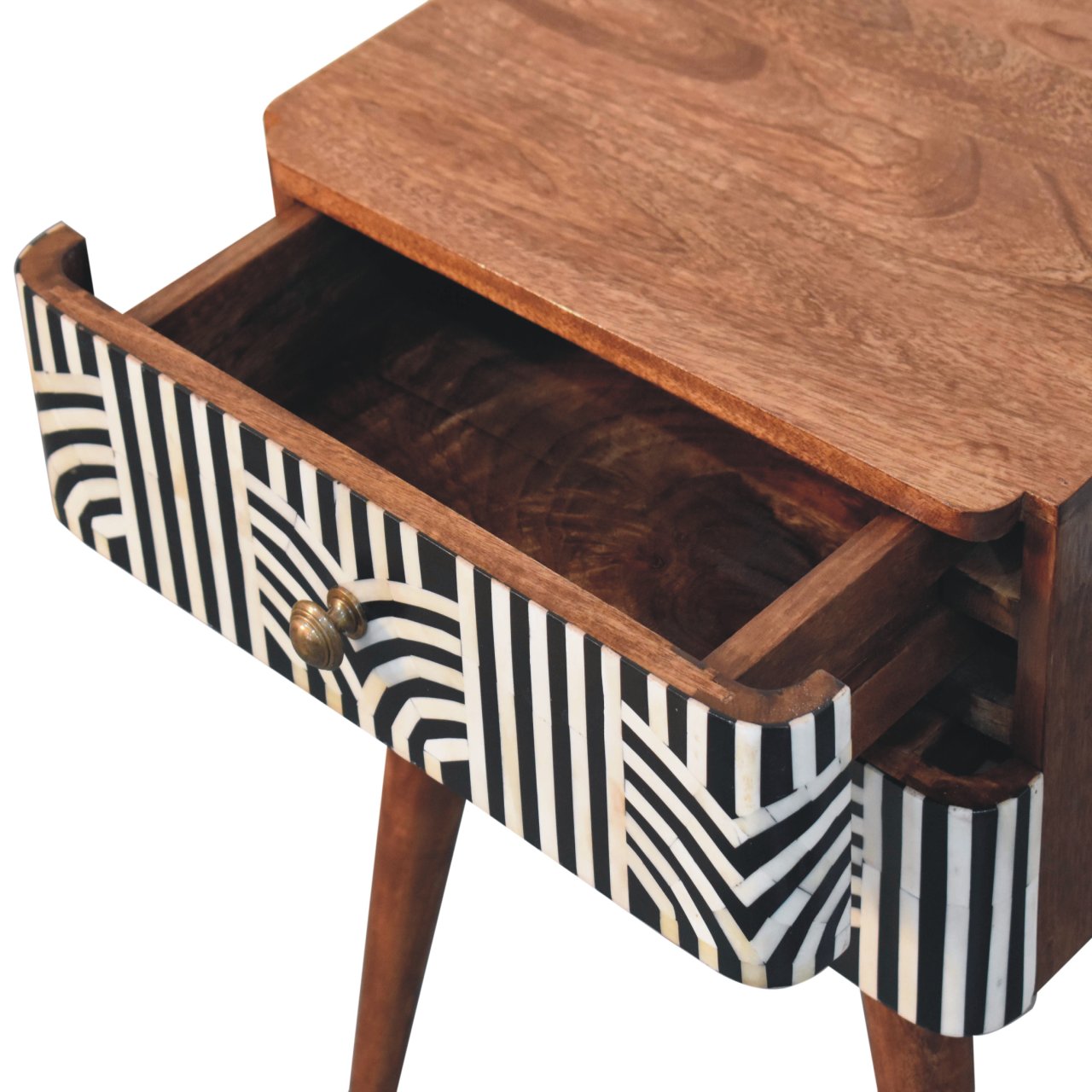 Boho honey caramel bedside inlay detail close-up