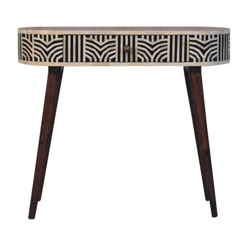 Boho walnut inlay dressing table side view showing Nordic legs