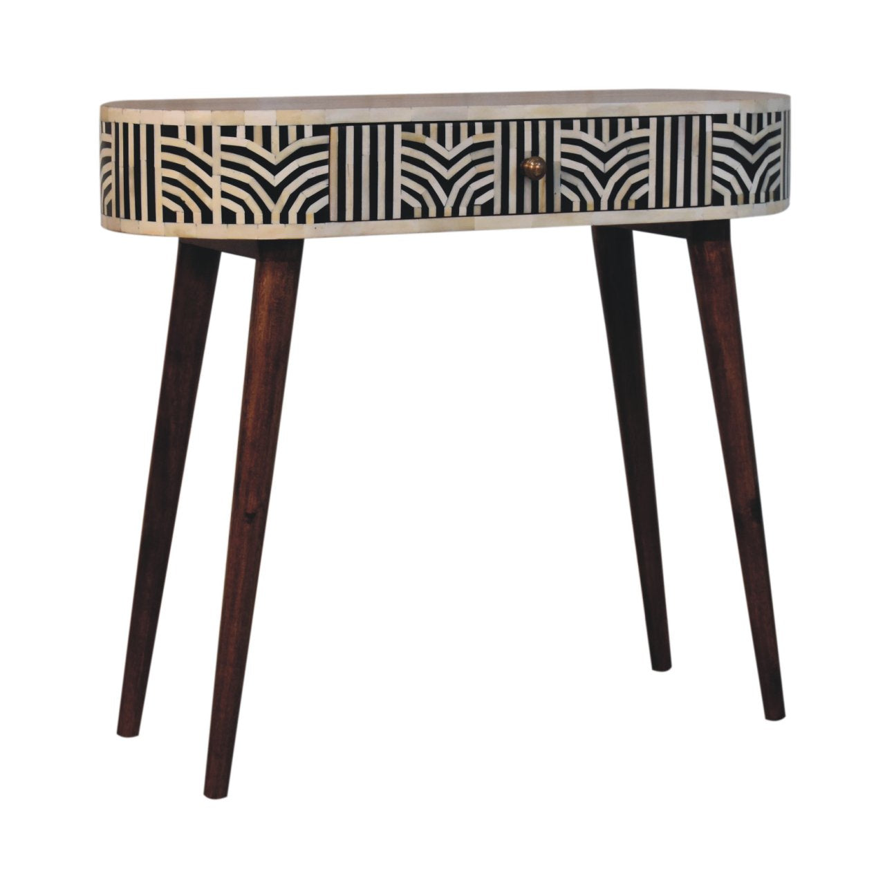 Boho walnut inlay dressing table close-up of geometric pattern