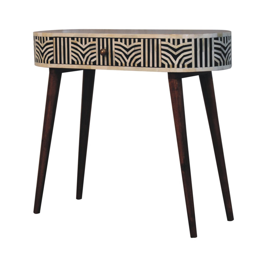 Boho walnut inlay dressing table in bedroom vanity setting