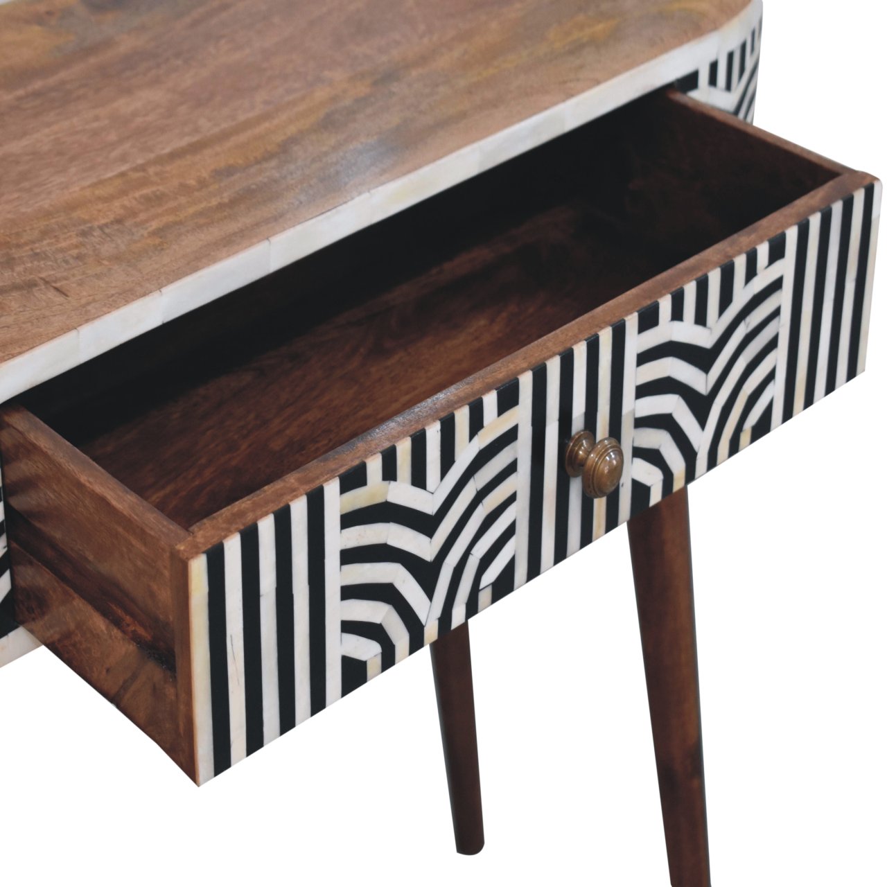 Boho walnut inlay dressing table angled view