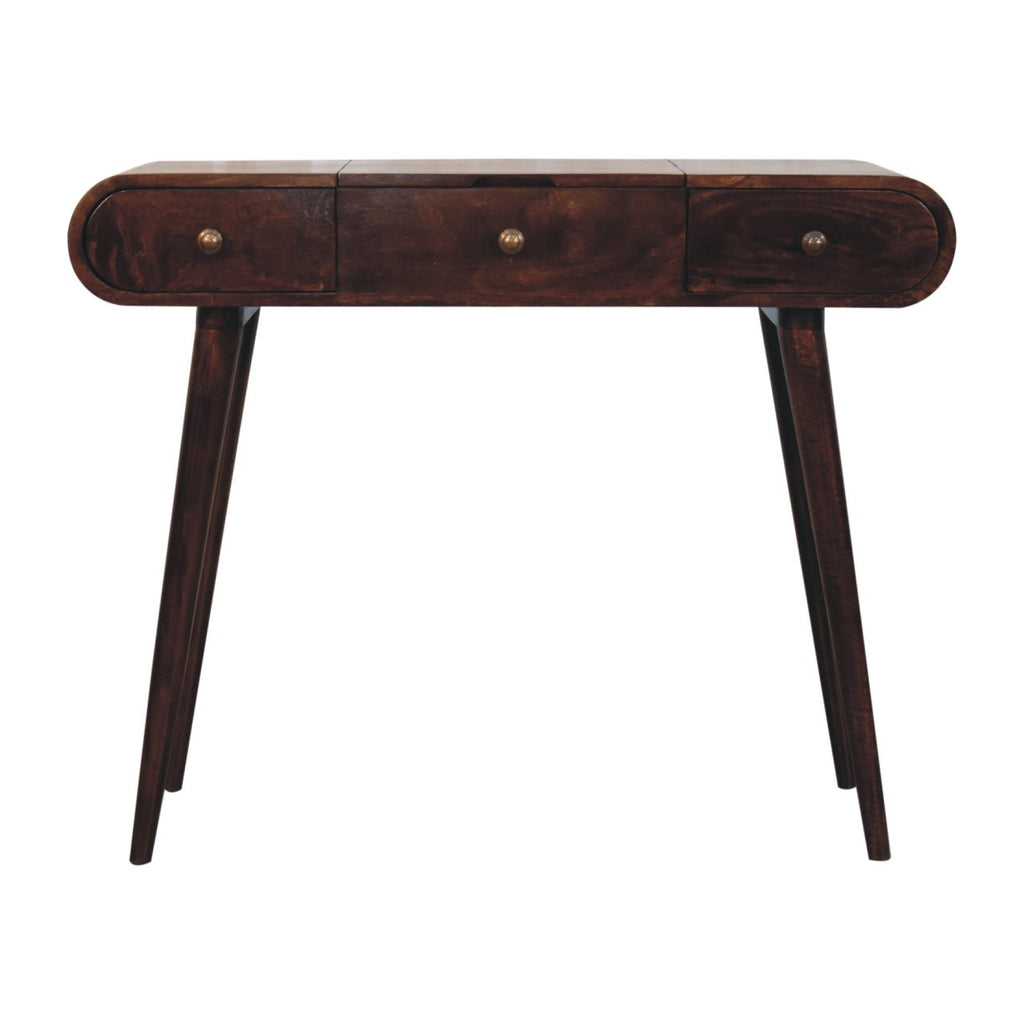Malibu walnut dressing table side view showing Nordic legs