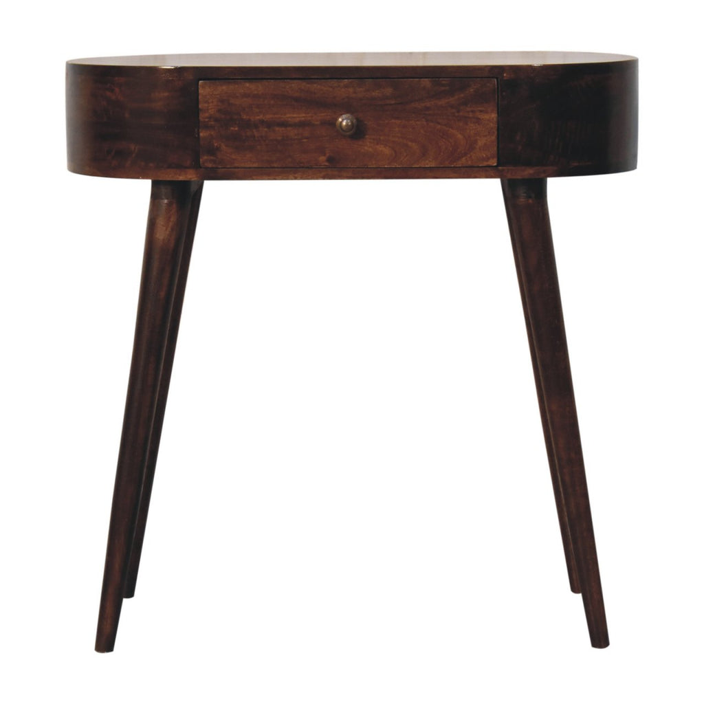 Napa walnut console table side view showing Nordic legs