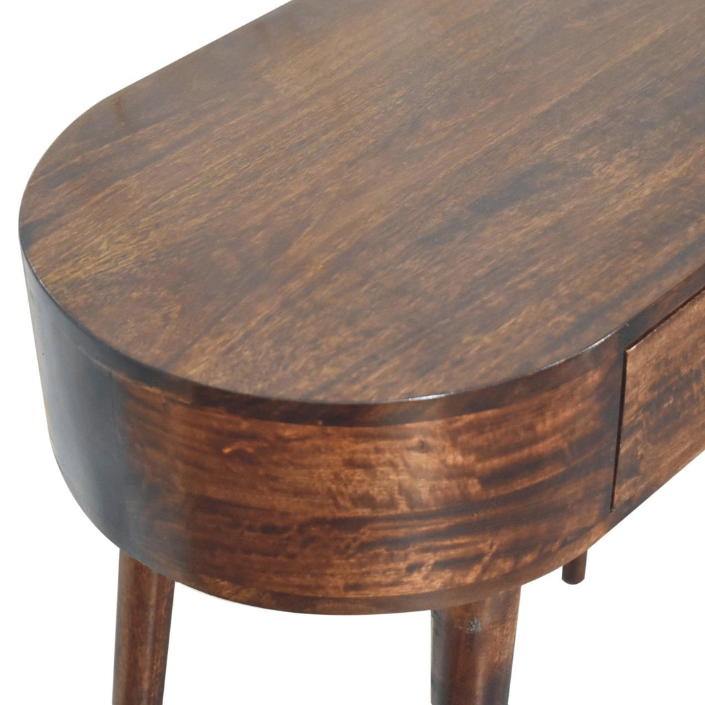 Napa walnut console table angled view showing curved silhouette