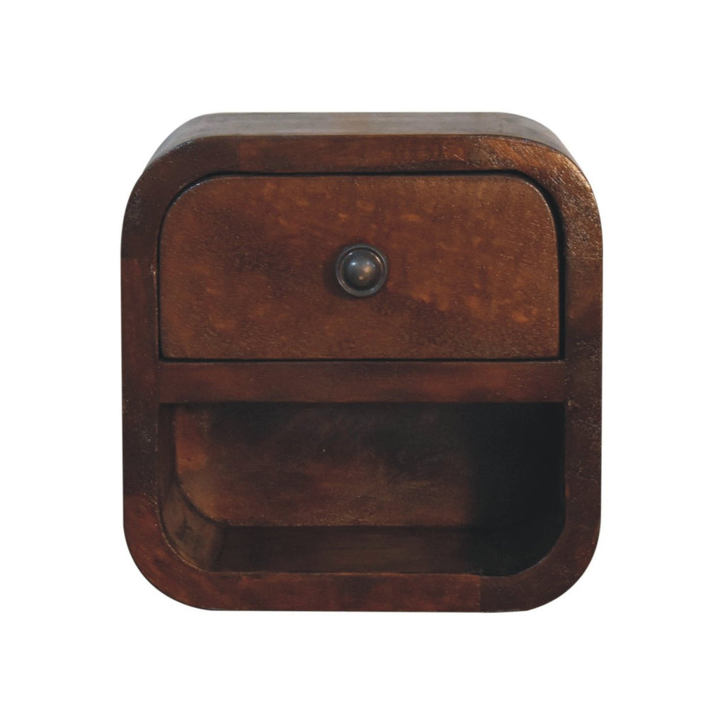 Ultra-compact chestnut floating bedside side view on wall