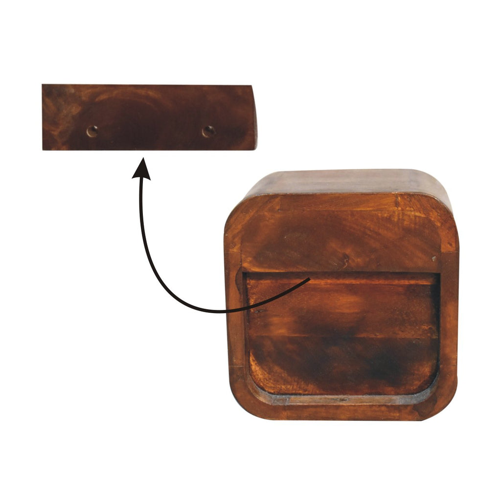 Ultra-compact chestnut bedside table context bedroom view