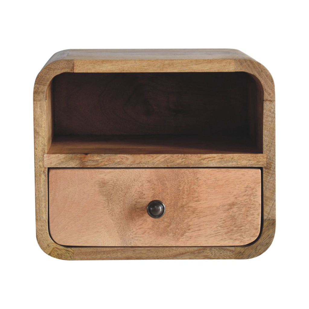 Curved floating oak bedside wall-mounted side view