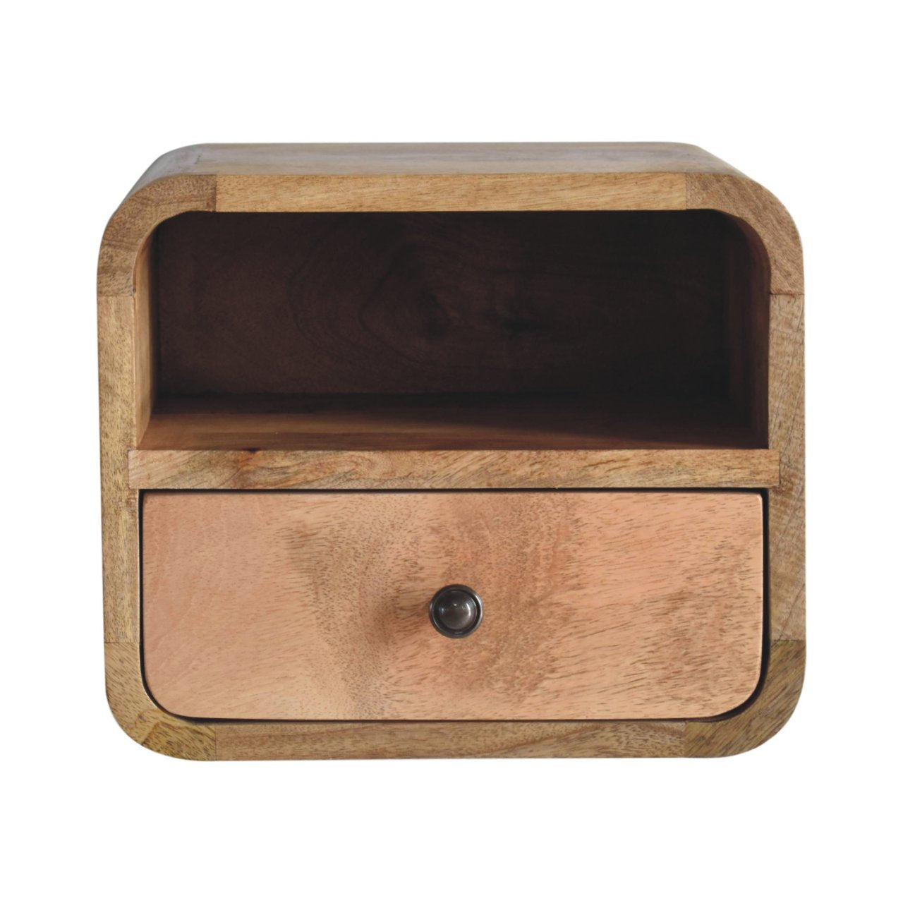 Curved floating oak bedside wall-mounted side view