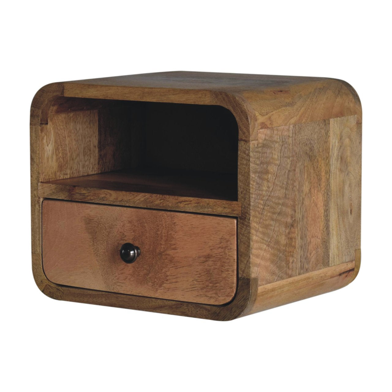 Curved oak floating bedside drawer detail