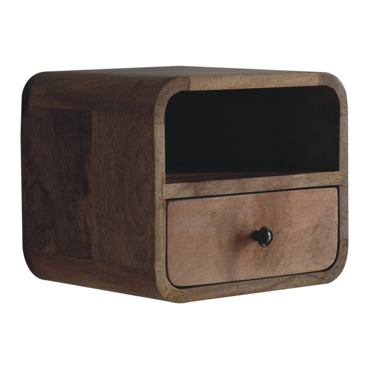 Curved oak floating bedside in compact bedroom setting