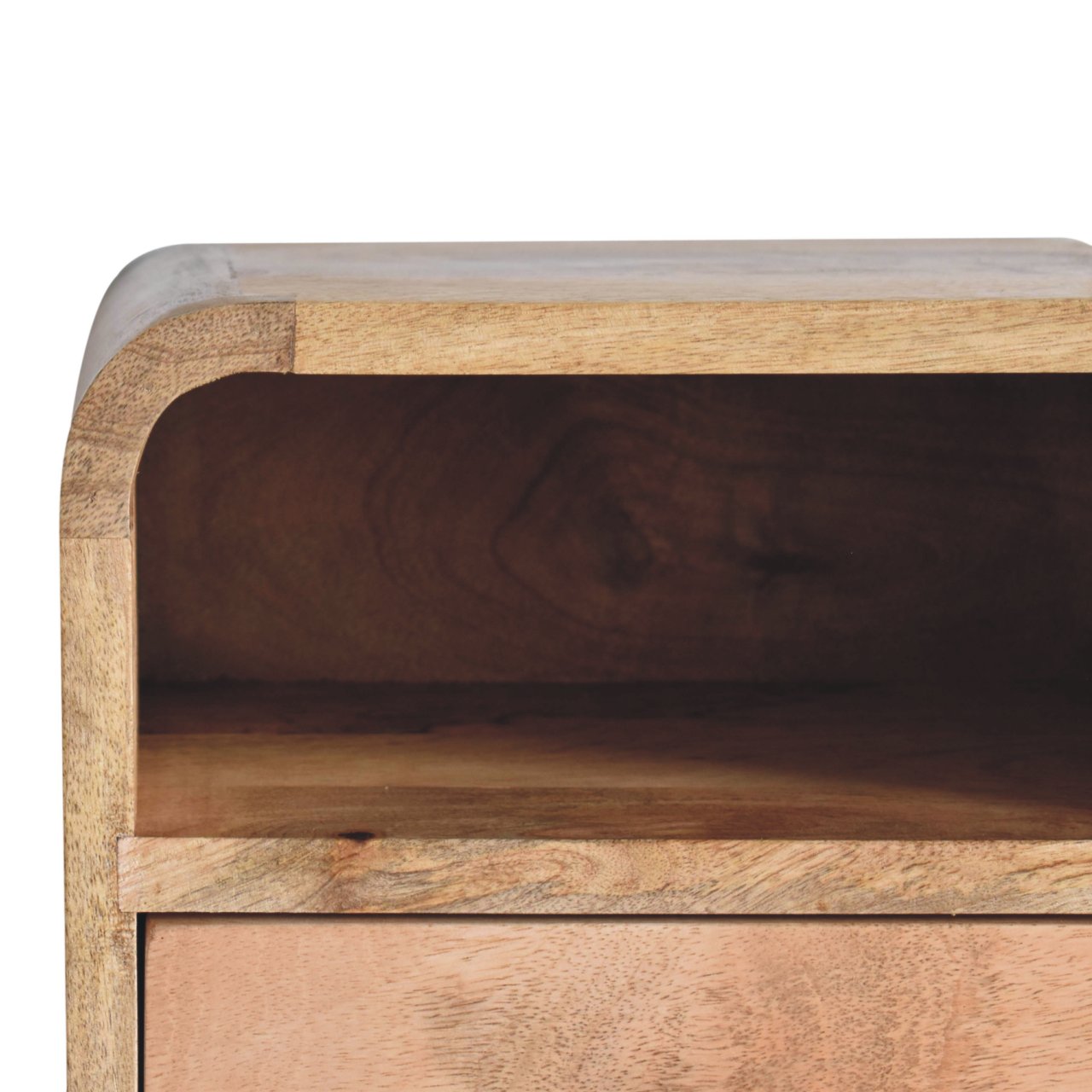 Curved oak bedside table top surface view