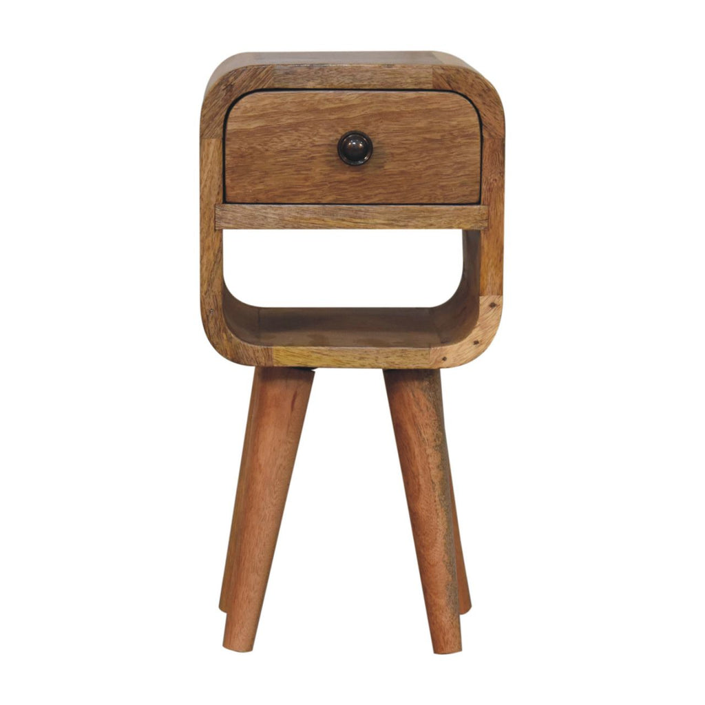 Ultra-compact oak upper-drawer bedside side view showing Nordic legs