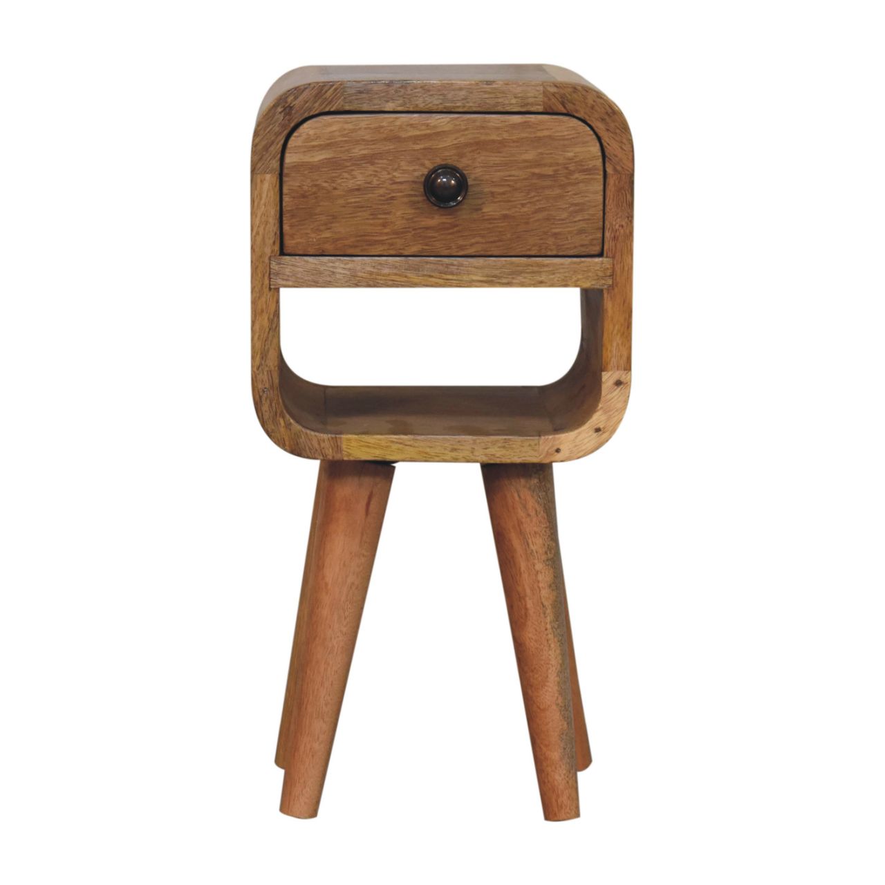 Ultra-compact oak upper-drawer bedside side view showing Nordic legs