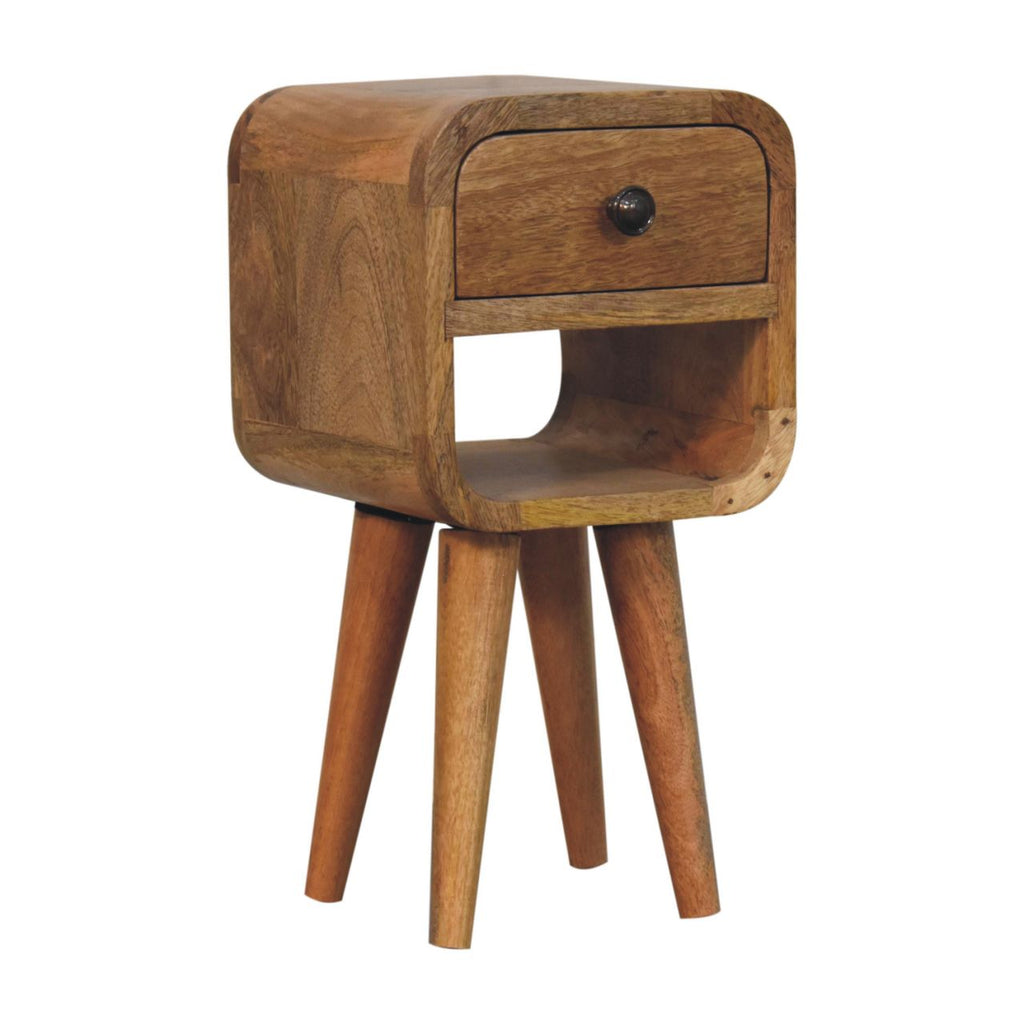 Ultra-compact oak upper-drawer bedside open showing interior