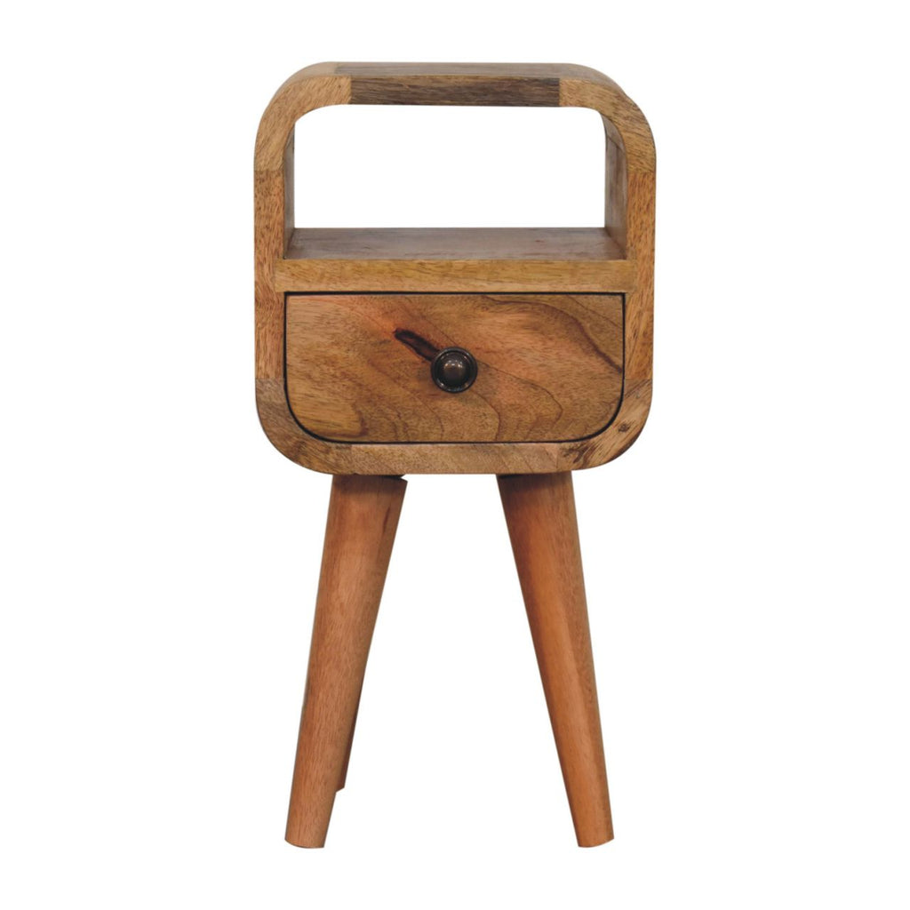 Ultra-compact oak bedside side view showing Nordic legs