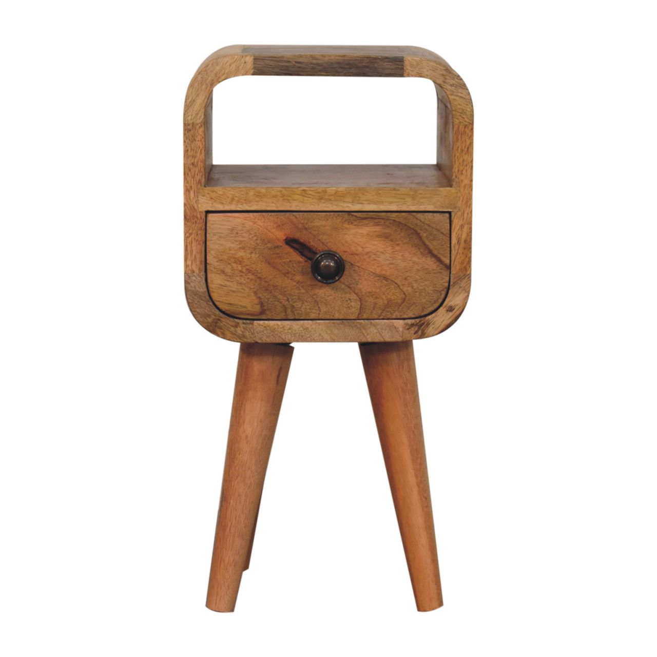 Ultra-compact oak bedside side view showing Nordic legs