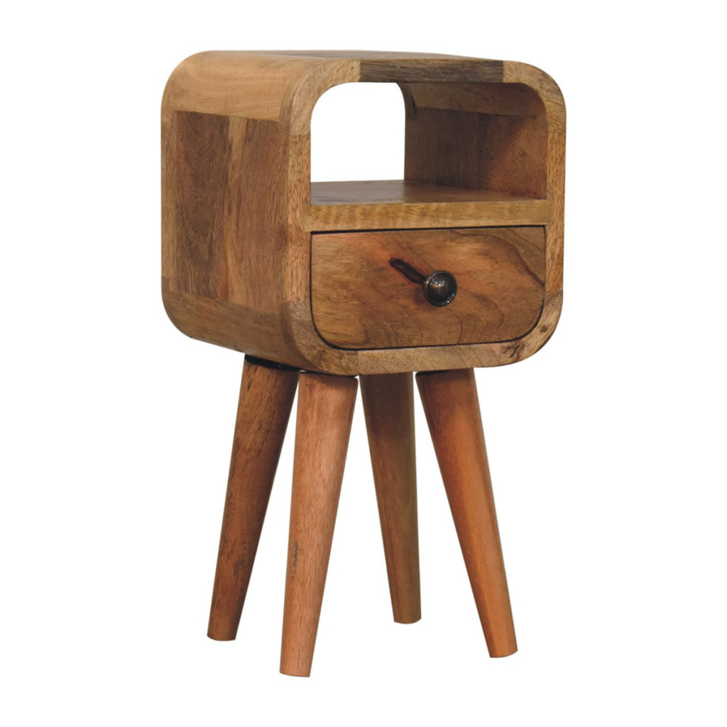 Ultra-compact oak bedside drawer open showing interior