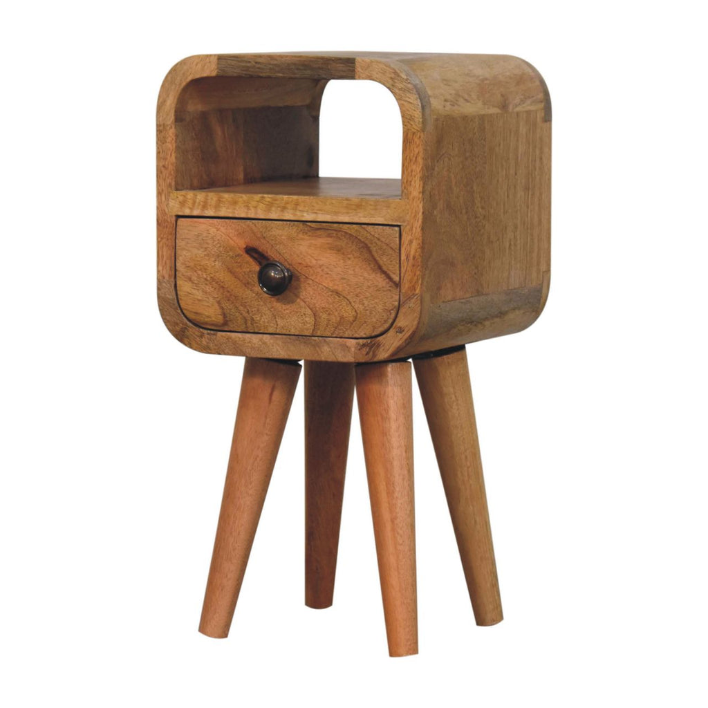 Ultra-compact oak bedside in minimalist bedroom setting