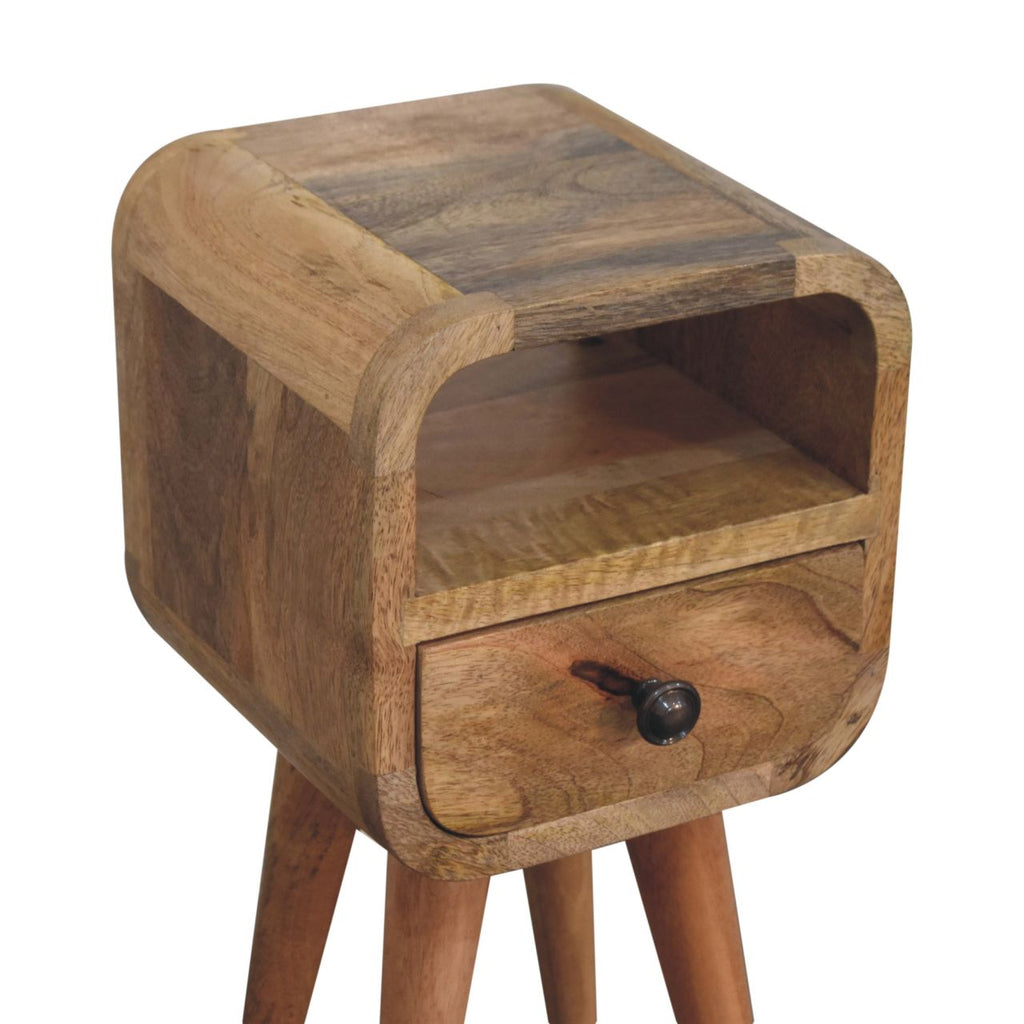 Ultra-compact oak bedside angled view showing slim profile