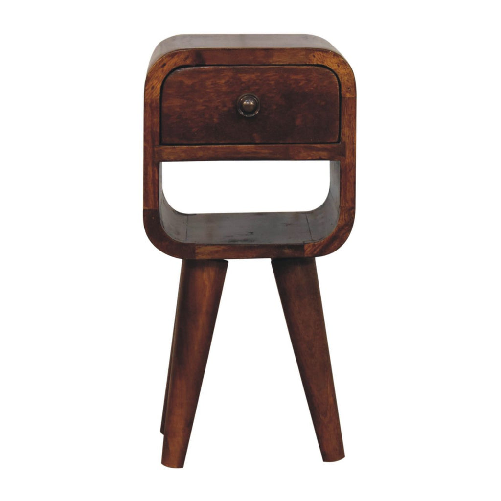 Ultra-compact chestnut bedside side view showing legs