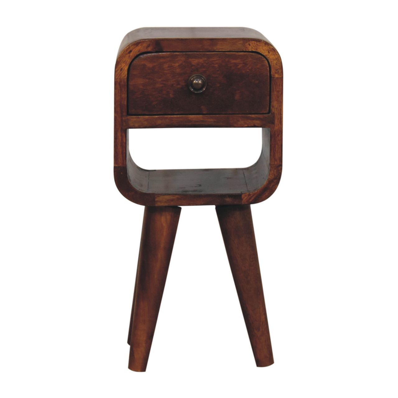 Ultra-compact chestnut bedside side view showing legs