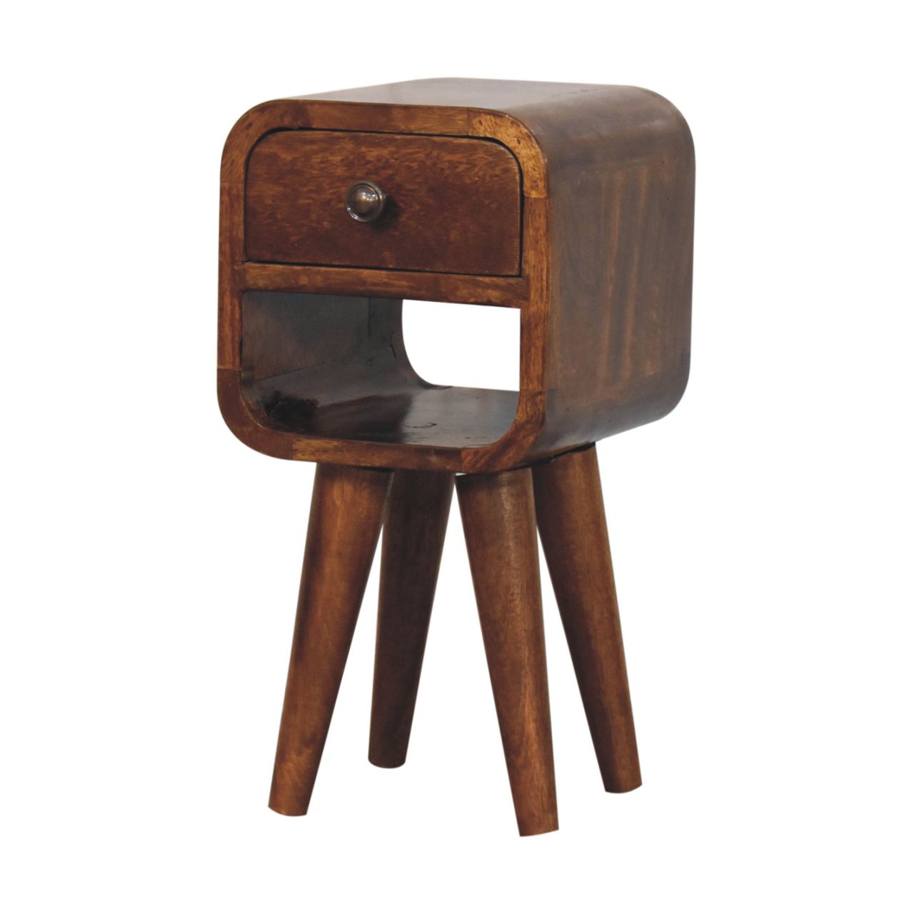 Ultra-compact chestnut bedside drawer open showing interior