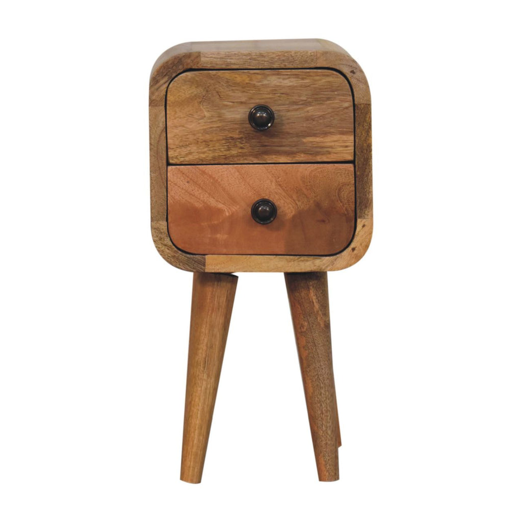 Ultra-compact 2-drawer oak bedside side view