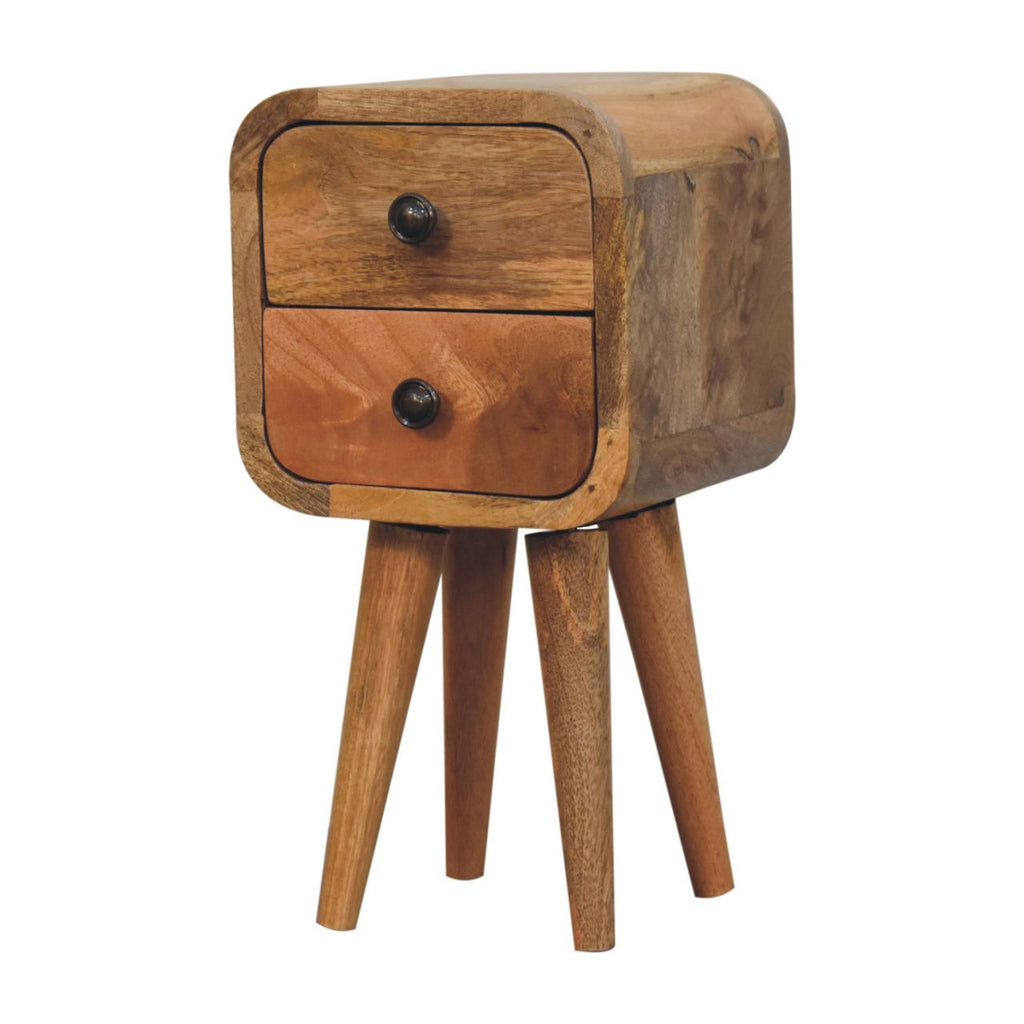 Ultra-compact oak bedside drawer open showing interior