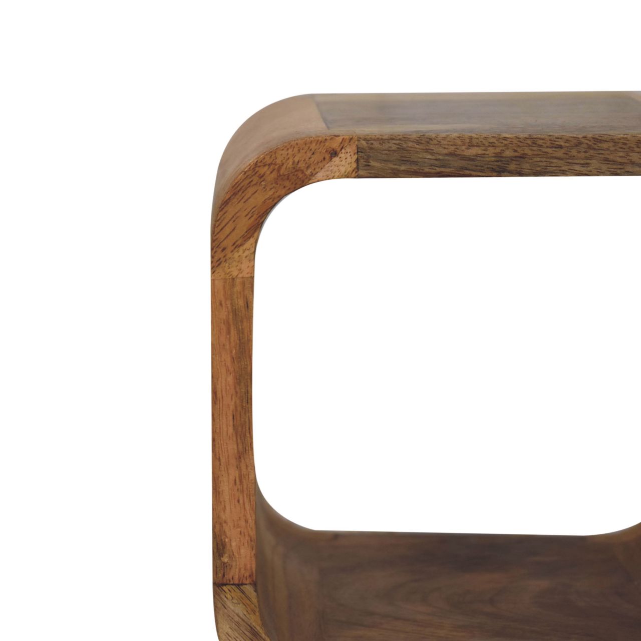 Ultra-compact minimalist oak bedside angled view showing open design