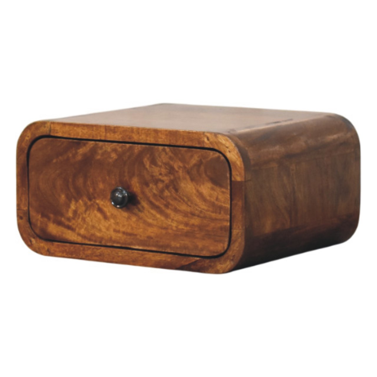 Elora chestnut floating bedside drawer detail with knob
