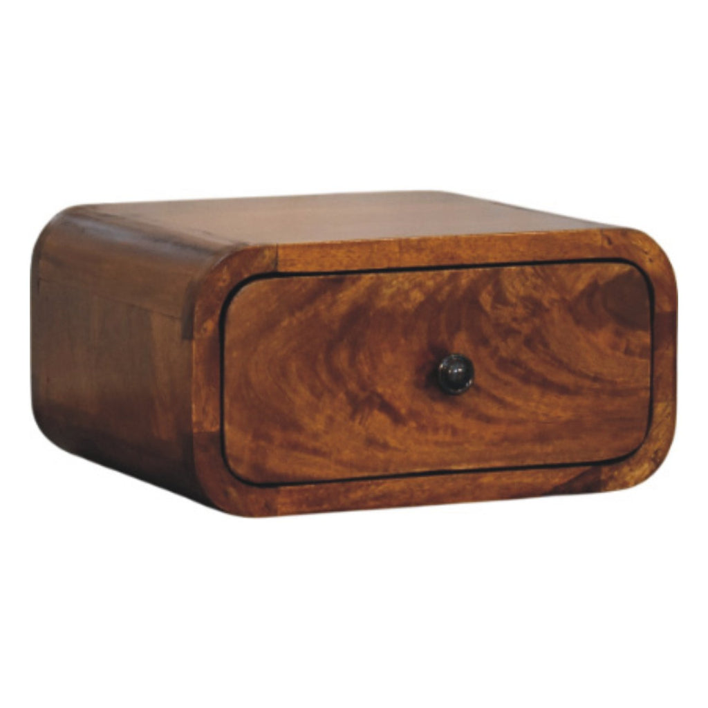 Elora floating chestnut bedside in compact bedroom wall-mounted