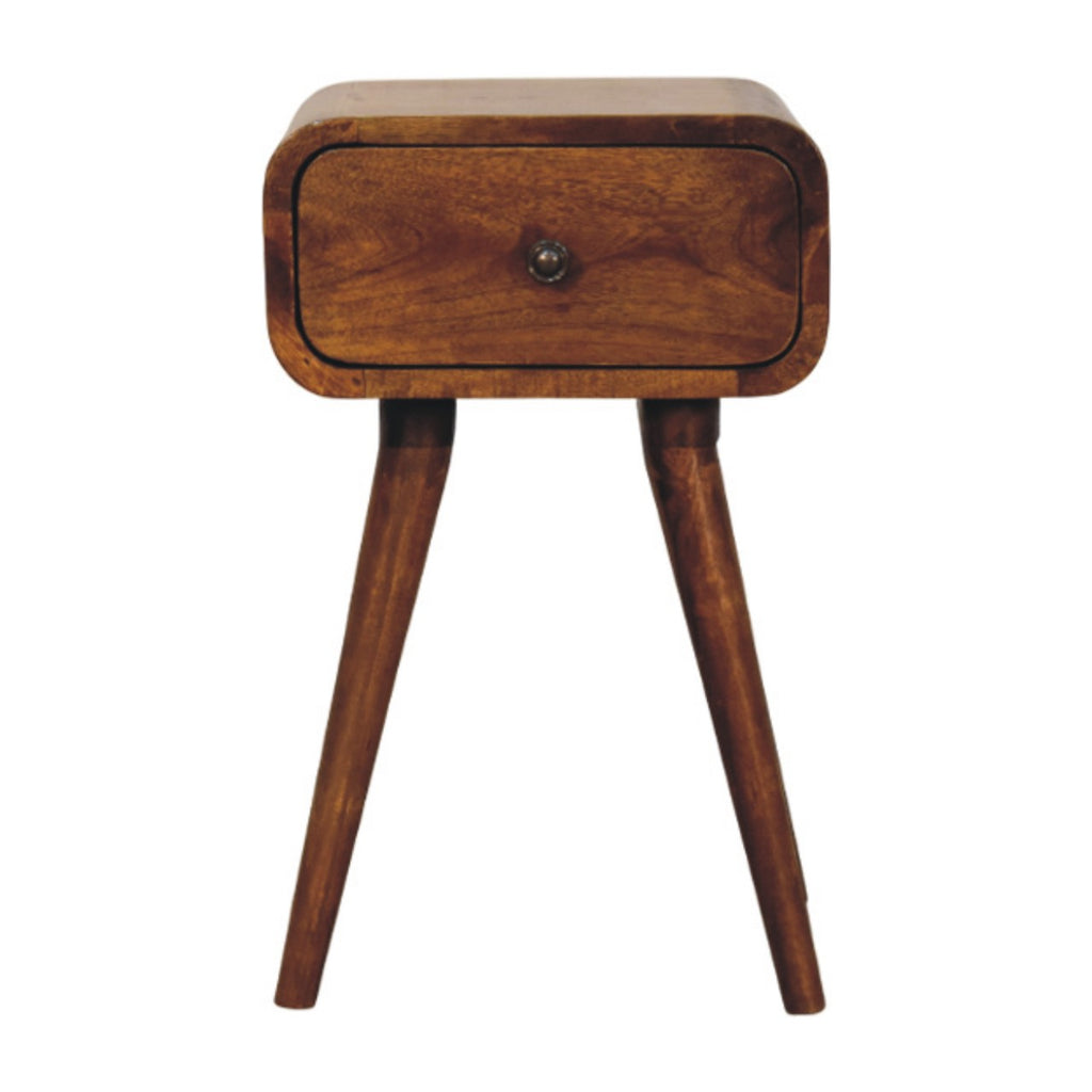 Elora mini chestnut bedside side view showing mid-century legs