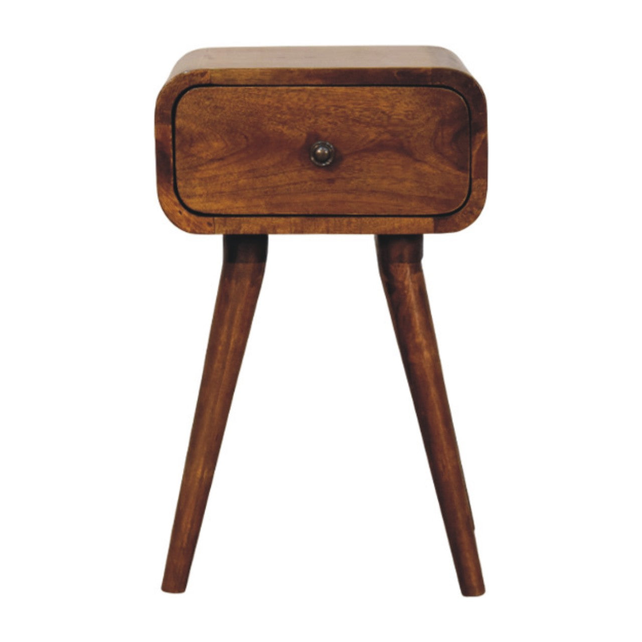 Elora mini chestnut bedside side view showing mid-century legs