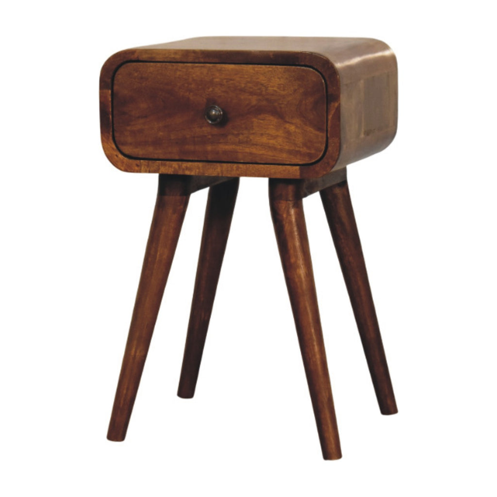 Elora chestnut bedside drawer open showing interior storage